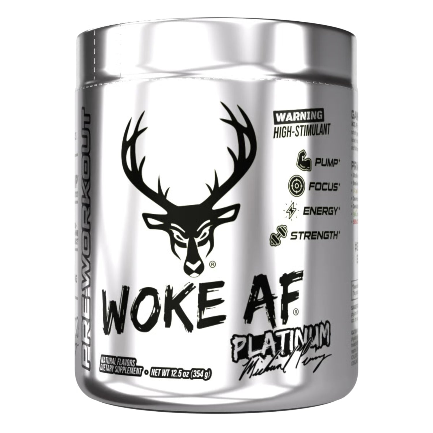 Bucked Up Woke AF Pre workout Supplement container with deer logo