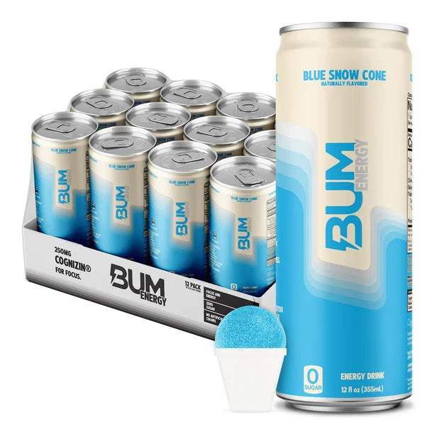 Bum Energy Blue Snow Cone flavor energy drink with zero sugar