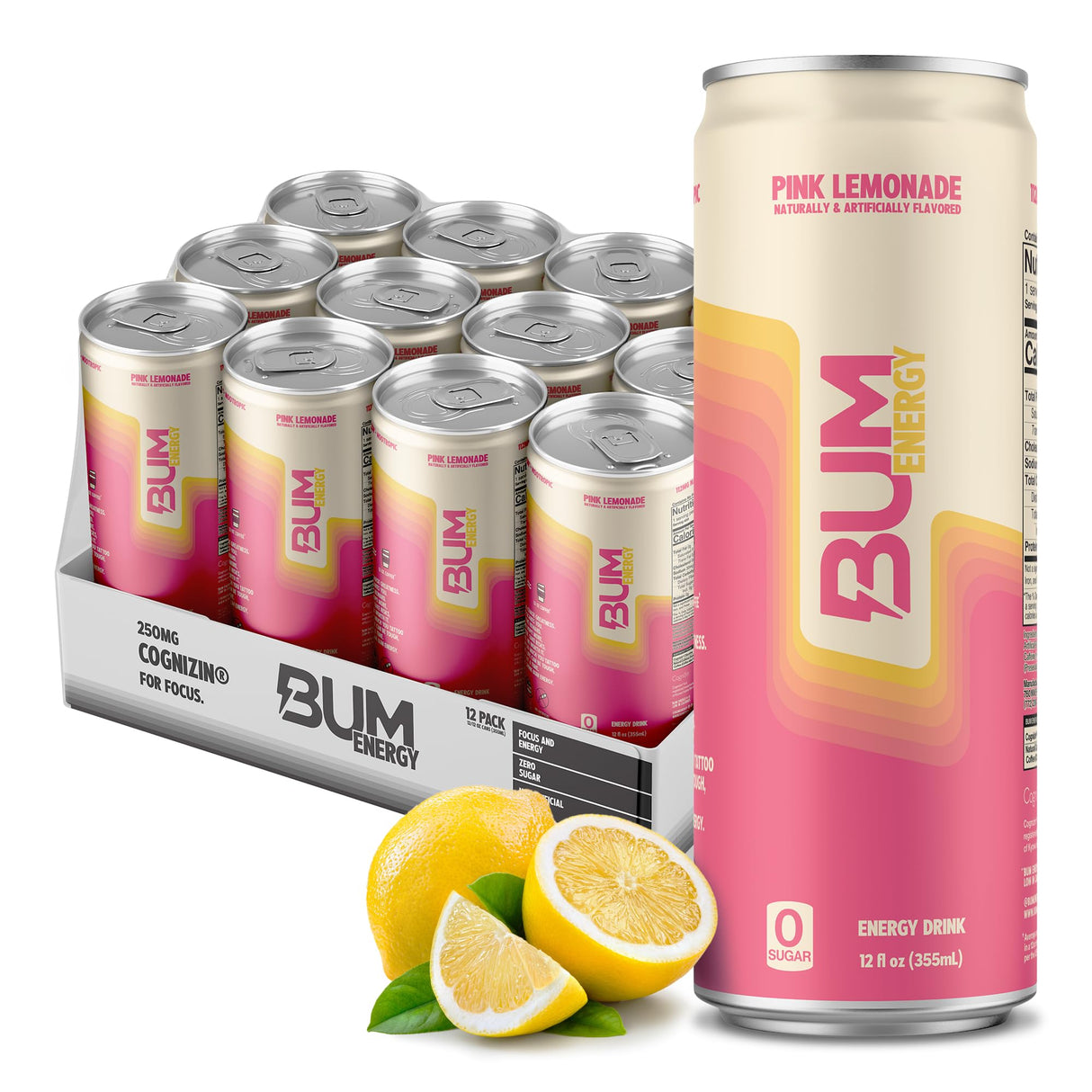 Bum Energy Pink Lemonade flavor energy drink with zero sugar