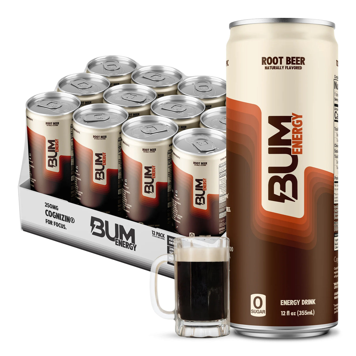 12-pack of Bum Energy Root Beer cans with a glass of the drink on a white background