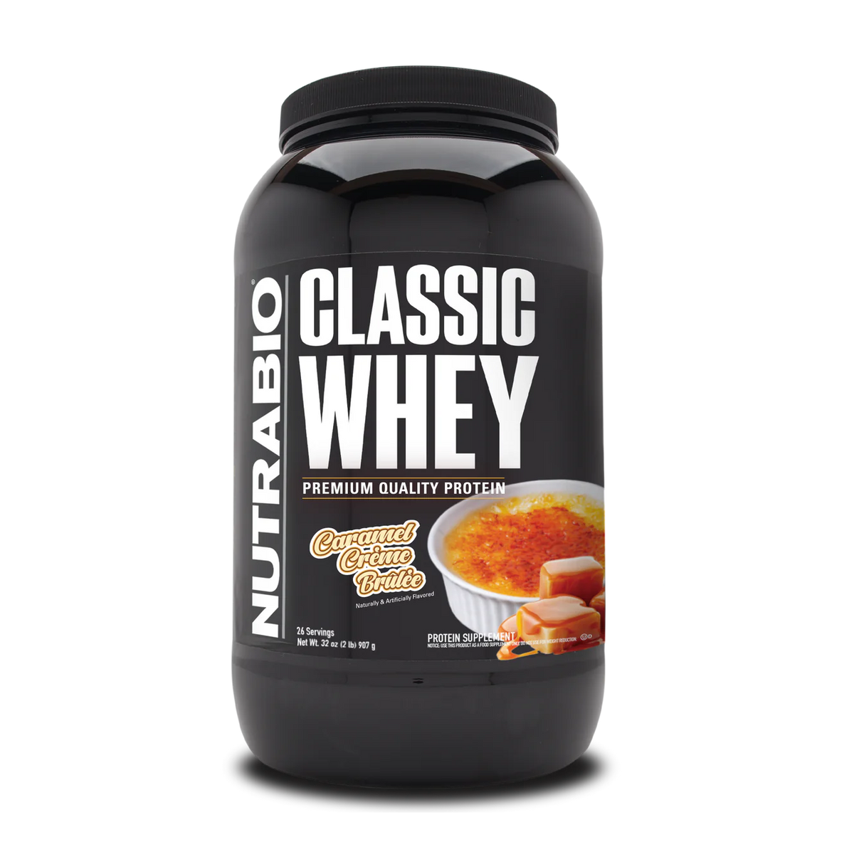 NutraBio Classic Whey protein powder container with caramel crème brèle flavor on a white background