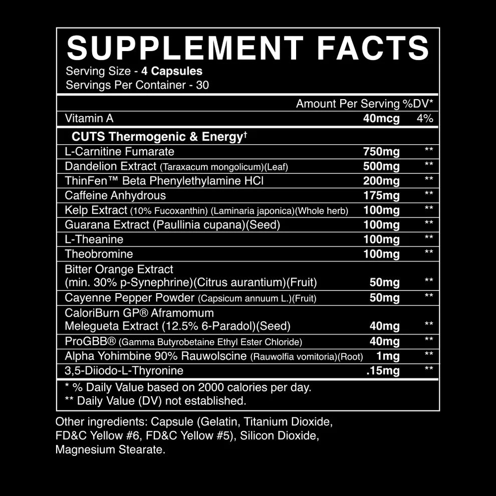 CUTS Capsules by BlackMarket Labs. Includes L-Carnitine, caffeine, guarana, and herbal support ingredients panel.