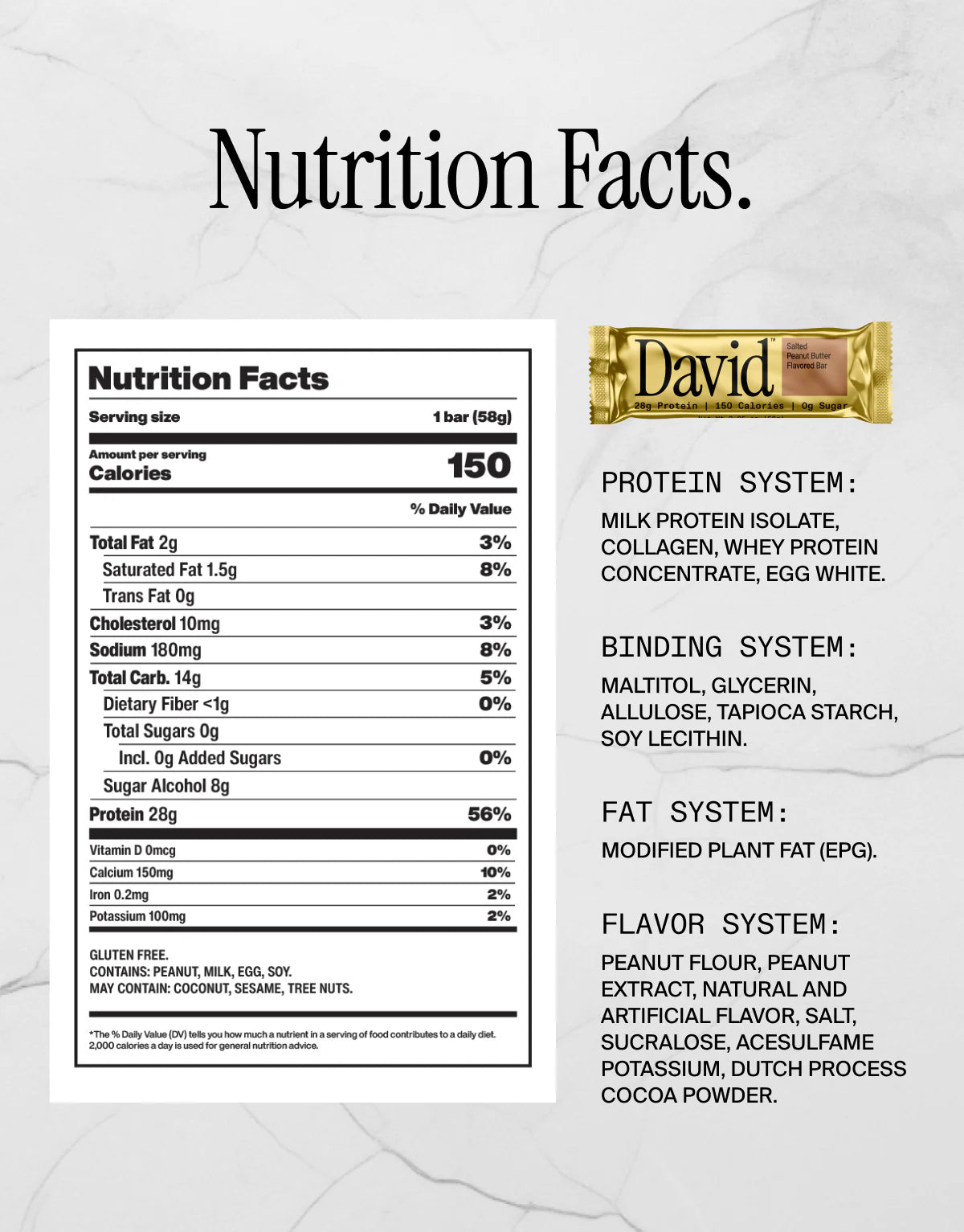 David Protein Bars macros and ingredient facts on Salted Peanut Butter Flavor