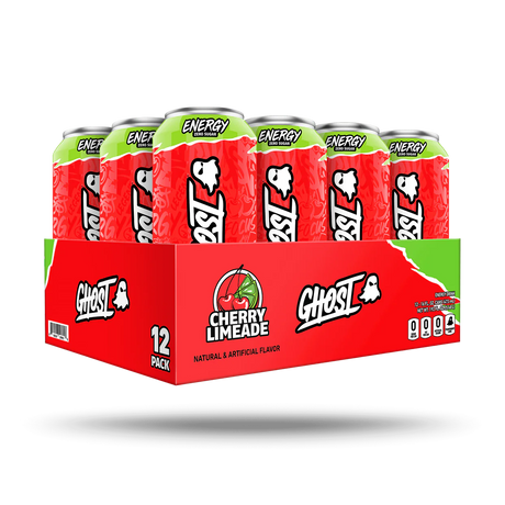 12-pack of Ghost Energy Drink in Cherry Limeade flavor on a white background