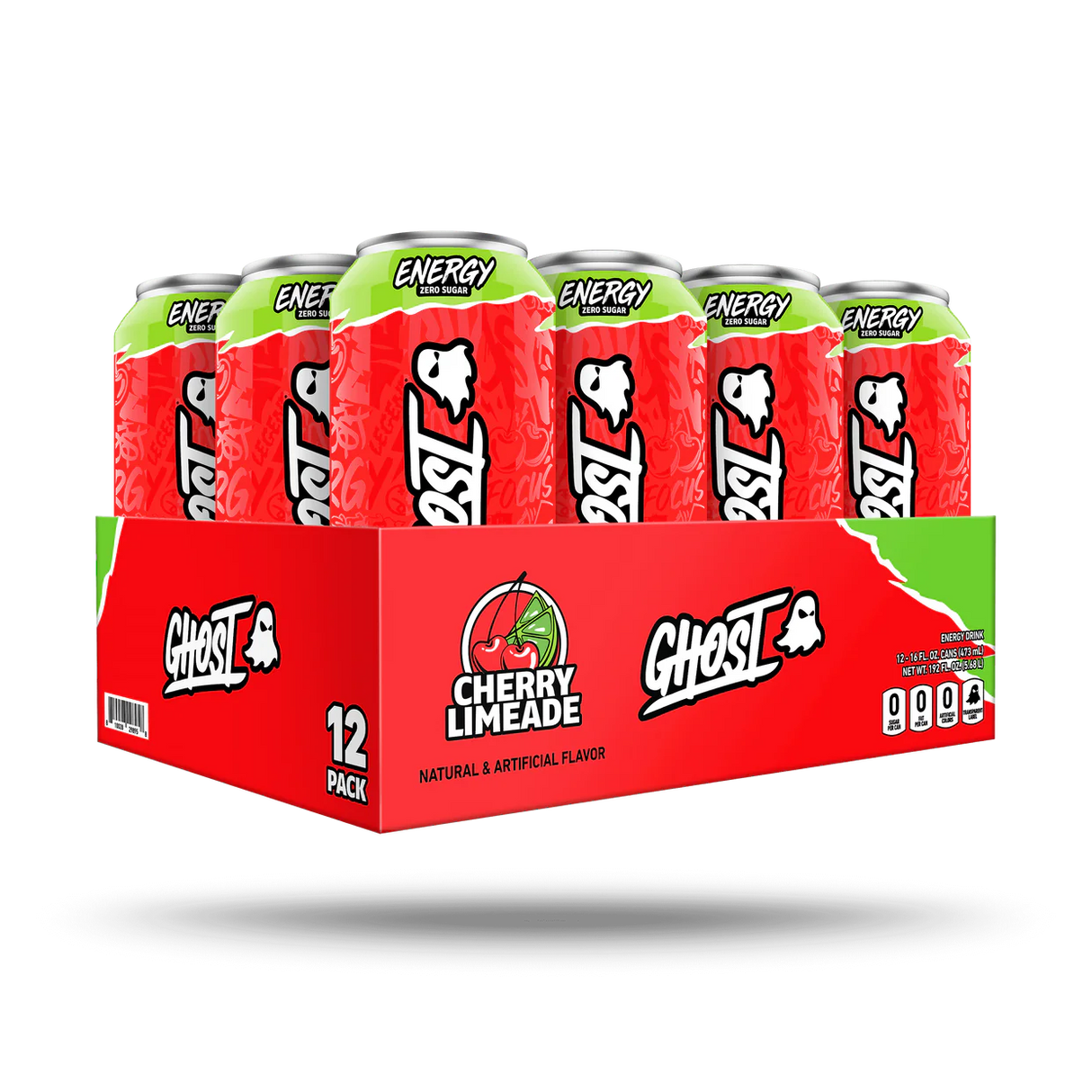 12-pack of Ghost Energy Drink in Cherry Limeade flavor on a white background