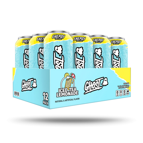Box of Ghost Energy Iced Tea Lemonade cans on a white background