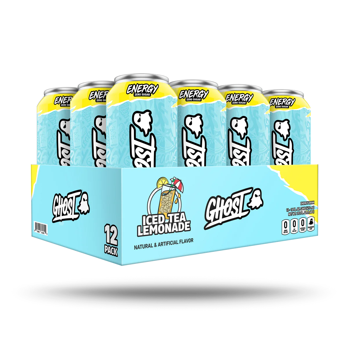 Box of Ghost Energy Iced Tea Lemonade cans on a white background