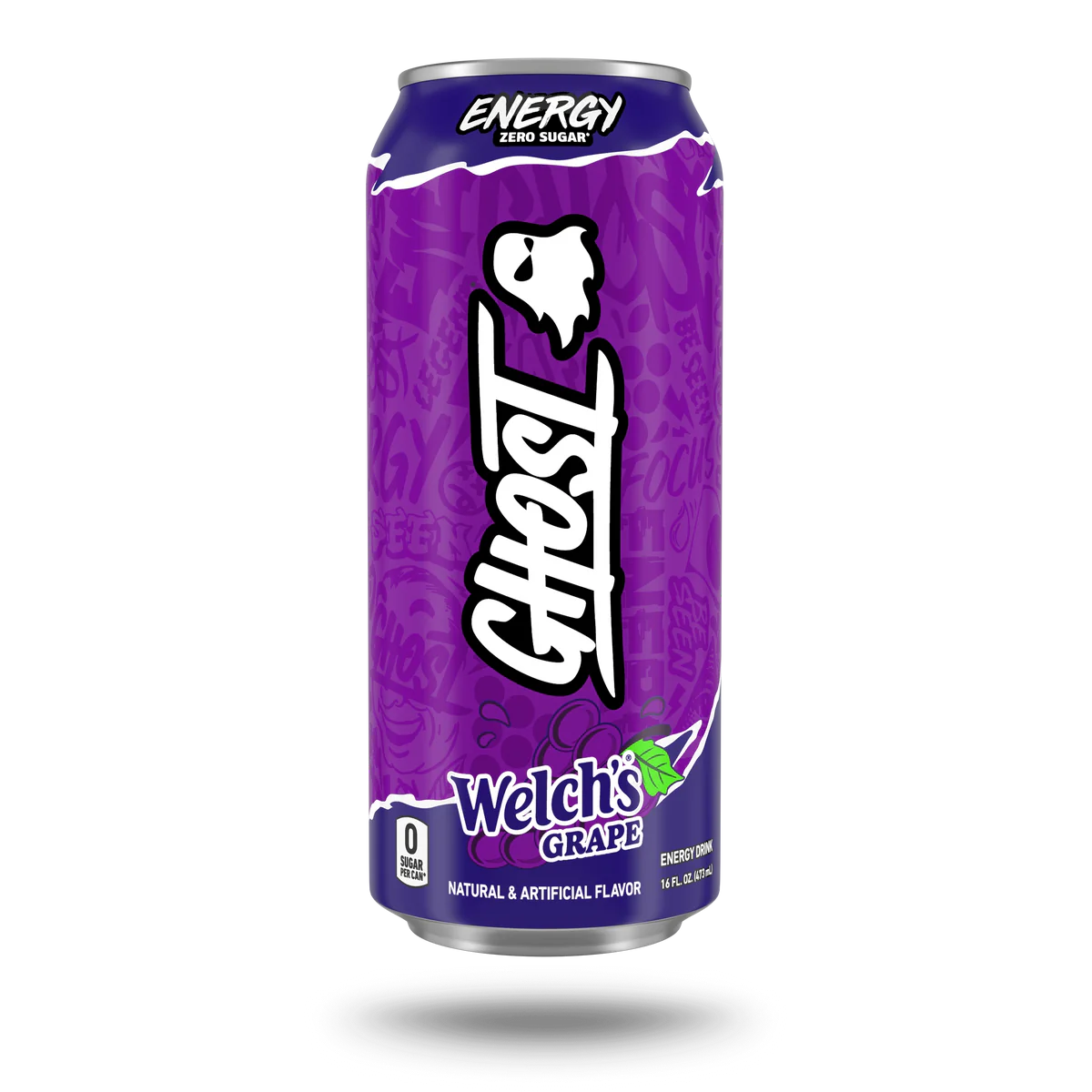 Purple can of Ghost Welch's Grape energy drink on a white background
