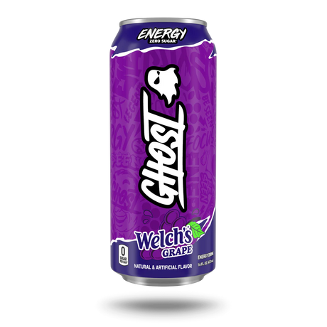 Purple can of Ghost Welch's Grape energy drink on a white background