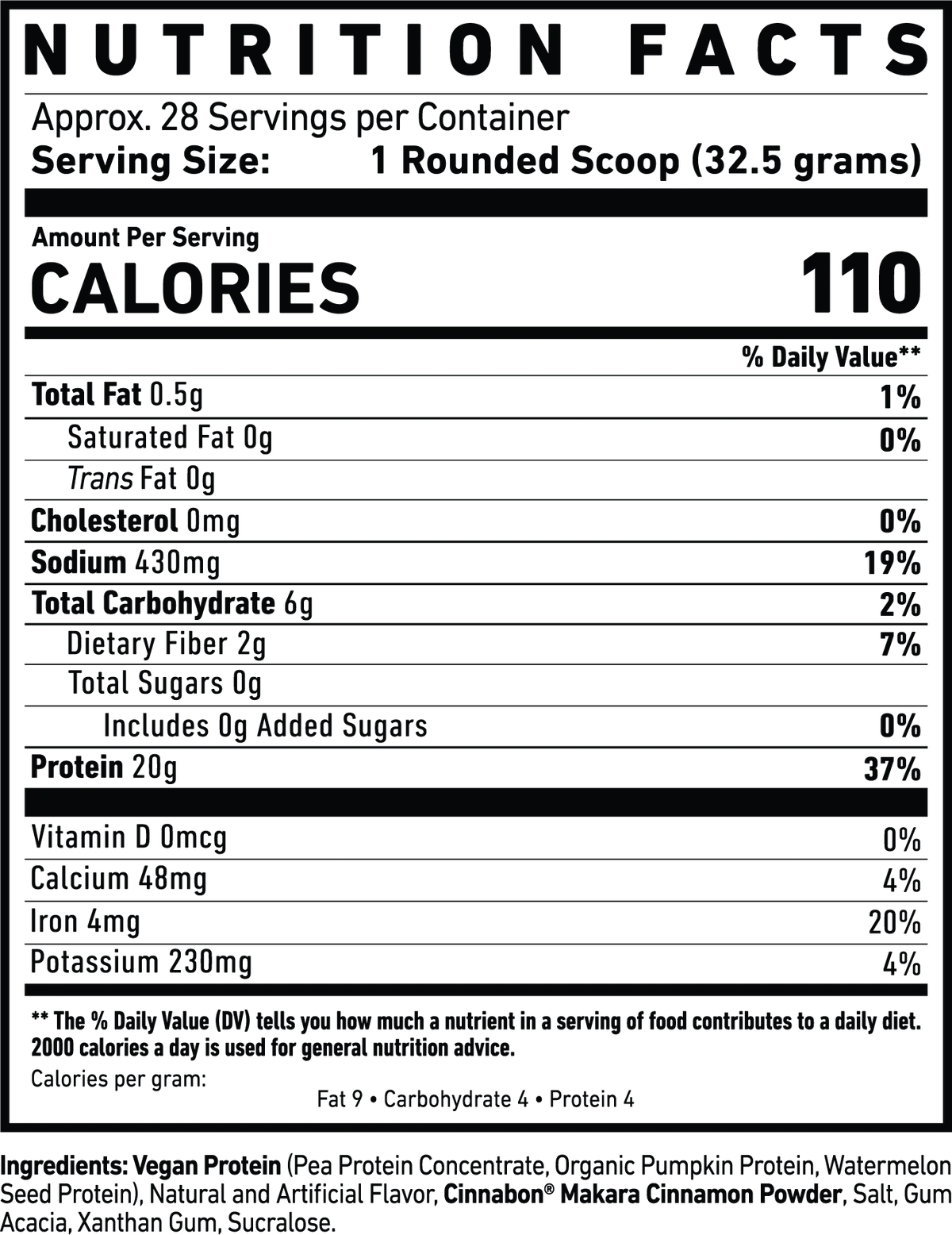 Nutrition facts label for Ghost Vegan protein powder Pancake Batter with serving size and calories listed.