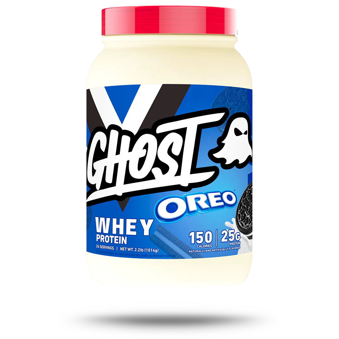 A container of GHOST Oreo Whey Protein powder, featuring the brand logo and the flavor Oreo prominently displayed on the label.