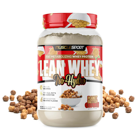 Container of Muscle Sport Lean Whey Isolate Hydro protein powder with peanut Butter Crunch flavor on a white background.