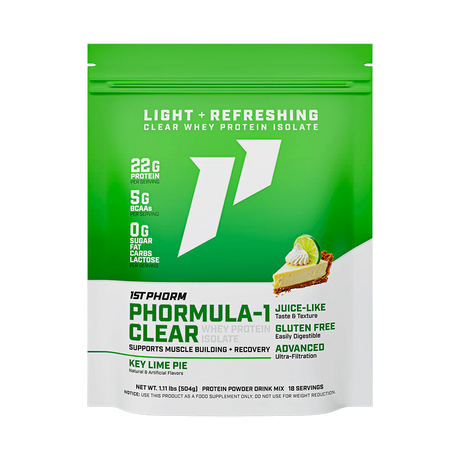 A Green and white package of Phormula-1 Clear Whey Protein Isolate by 1StPhorm, with a key lime pie flavor, highlighting its features such as being clear, having 22g of protein, being gluten-free, lactose-free, and having no carbs, fat, or sugar.