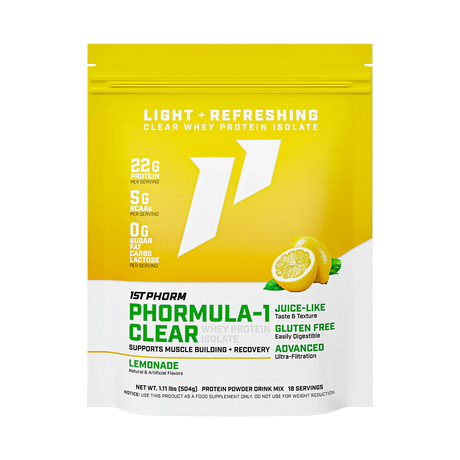 A yello and white package of Phormula-1 Clear Whey Protein Isolate by 1StPhorm, with a lemonade flavor, highlighting its features such as being clear, having 22g of protein, being gluten-free, lactose-free, and having no carbs, fat, or sugar.