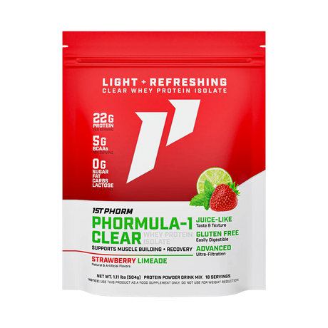 A red and white package of Phormula-1 Clear Whey Protein Isolate by 1StPhorm, with a strawberry limeade flavor, highlighting its features such as being clear, having 22g of protein, being gluten-free, lactose-free, and having no carbs, fat, or sugar.