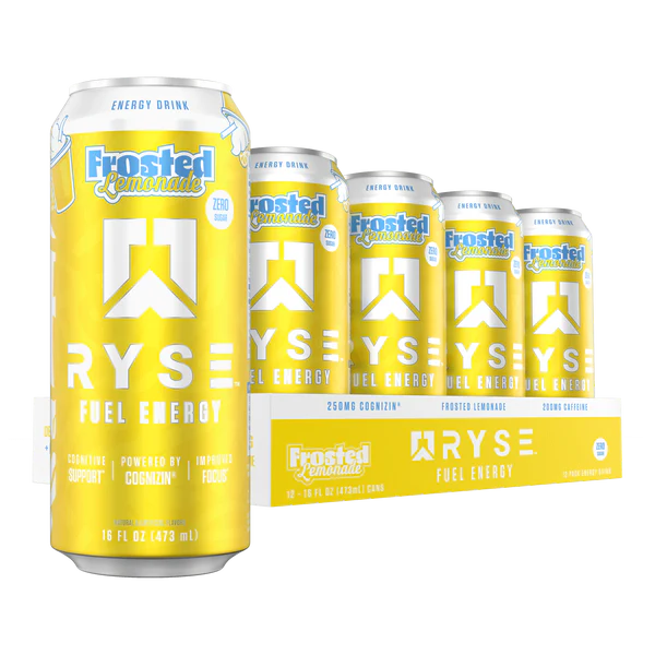 Frosted Lemonade RYSE energy drink cans on a white background