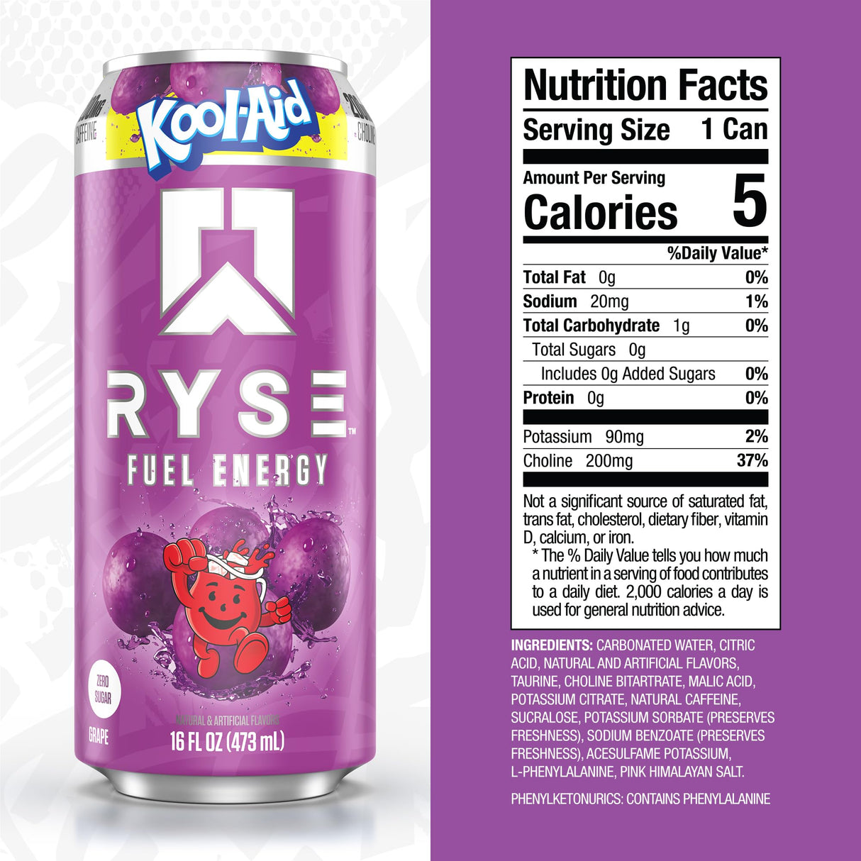 Kool-Aid Ryse Fuel Energy drink can with nutrition facts label on a purple background