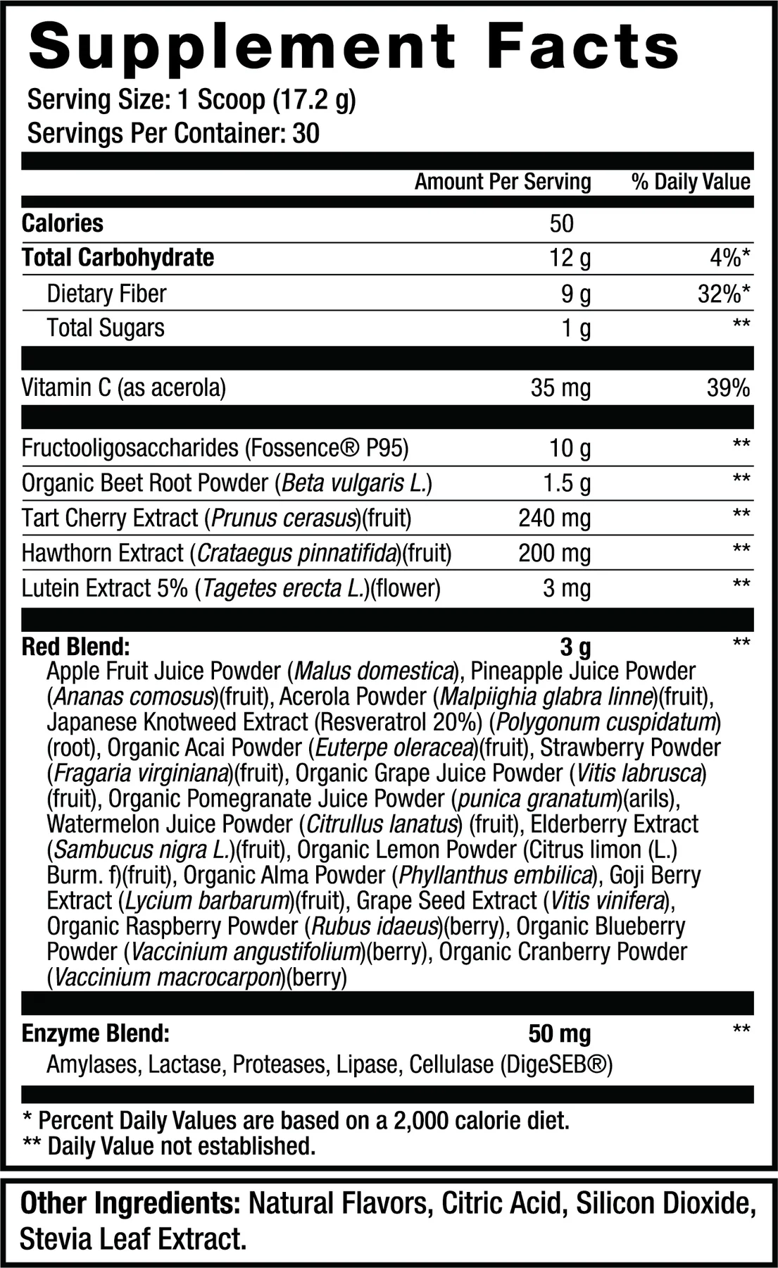 Sweat Ethic Muti Reds with Fiber and Beet Root ingredients and nutrition panel