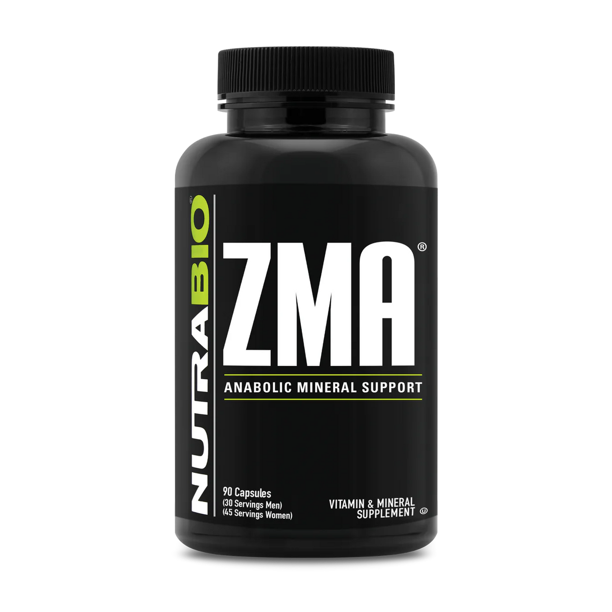 A black bottle of Nutra Bio ZMA Anabolic Mineral Support, which is a dietary supplement containing Zinc, Magnesium, and Vitamin B6.