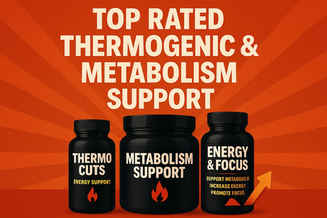 Bold infographic-style banner showcasing top-rated thermogenic and metabolism support supplements for energy, focus, and metabolic health, ideal for fitness and wellness support on Shopify collections.