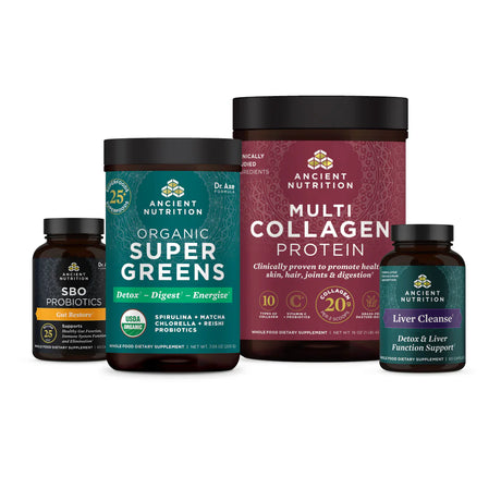 Ancient Nutrition supplements collection featuring Multi Collagen Protein, Organic Super Greens, SBO Probiotics, and Liver Cleanse available online at Complete Health and in-store in Fort Wayne, IN and Warsaw, IN