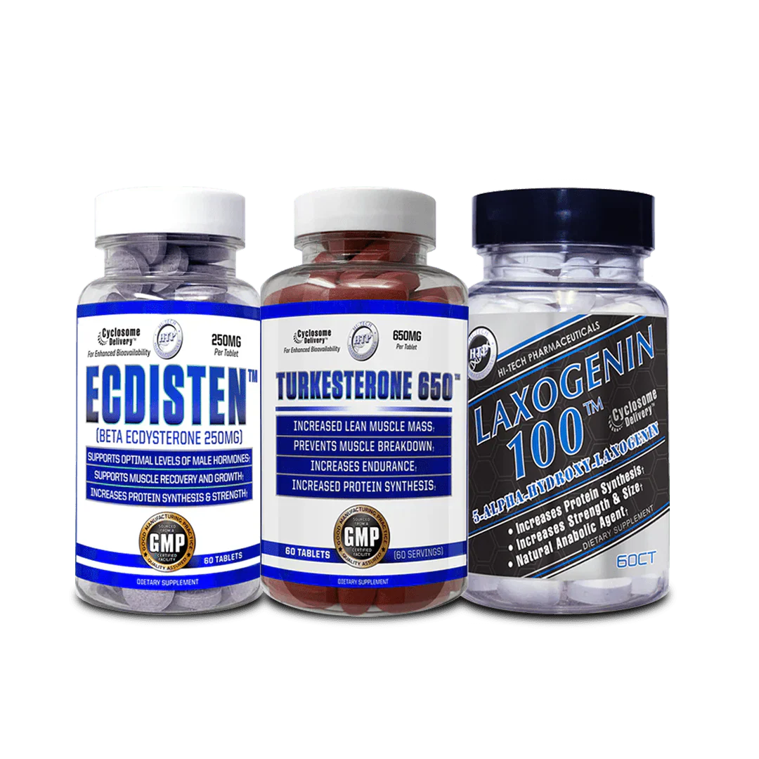 muscle growth and strength supplement stack with whey protein isolate creatine pre-workout and aminos on a white background for power endurance and recovery