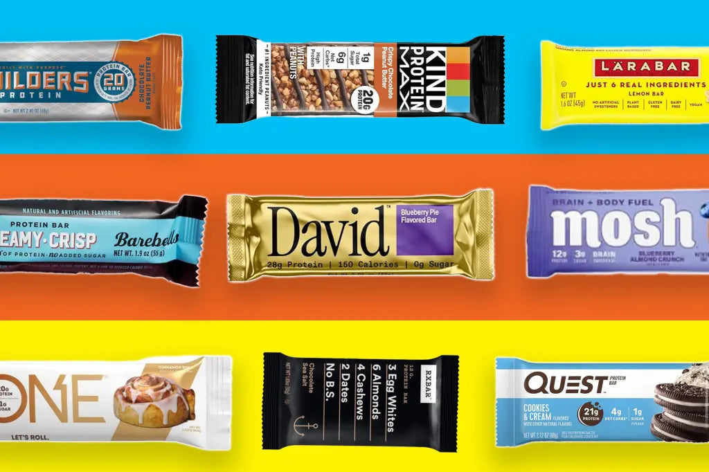 assortment of high-protein low-sugar protein bars including david bars built puffs and barebells for workout recovery energy and on-the-go healthy snacking
