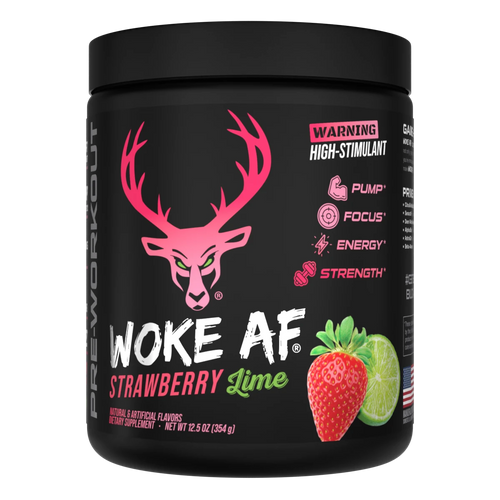 A container of Strawberry Lime Flavored Bucked Up Woke AF Pre-Workout supplement with a black background featuring pink and white text, and images of a deer and strawberries. The product is labeled as 'High-Stimulant' and 'Pump, Focus, Energy, Strength'.