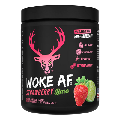 A container of Strawberry Lime Flavored Bucked Up Woke AF Pre-Workout supplement with a black background featuring pink and white text, and images of a deer and strawberries. The product is labeled as 'High-Stimulant' and 'Pump, Focus, Energy, Strength'.