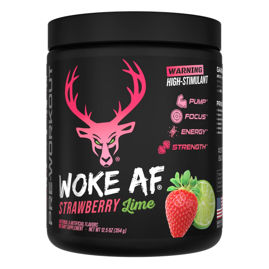 A container of Strawberry Lime Flavored Bucked Up Woke AF Pre-Workout supplement with a black background featuring pink and white text, and images of a deer and strawberries. The product is labeled as 'High-Stimulant' and 'Pump, Focus, Energy, Strength'.