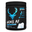 A container of Blue Cotton Candy Flavored Bucked Up Woke AF Pre-Workout supplement with a black background featuring pink and white text, and images of a deer. The product is labeled as 'High-Stimulant' and 'Pump, Focus, Energy, Strength'.