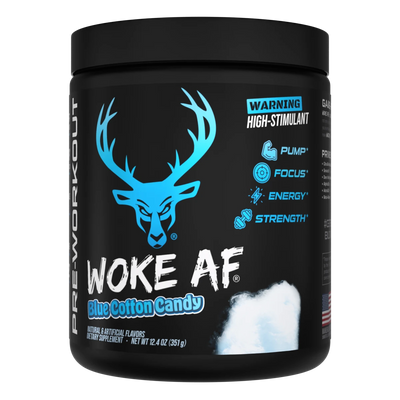 A container of Blue Cotton Candy Flavored Bucked Up Woke AF Pre-Workout supplement with a black background featuring pink and white text, and images of a deer. The product is labeled as 'High-Stimulant' and 'Pump, Focus, Energy, Strength'.