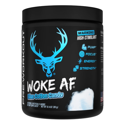 A container of Blue Cotton Candy Flavored Bucked Up Woke AF Pre-Workout supplement with a black background featuring pink and white text, and images of a deer. The product is labeled as 'High-Stimulant' and 'Pump, Focus, Energy, Strength'.