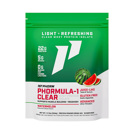 A green and white package of Phormula-1 Clear Whey Protein Isolate by 1StPhorm, with a watermelon flavor, highlighting its features such as being clear, having 22g of protein, being gluten-free, lactose-free, and having no carbs, fat, or sugar.