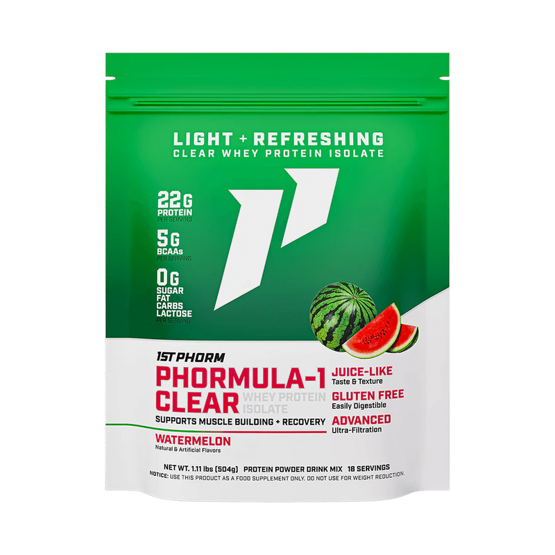 A green and white package of Phormula-1 Clear Whey Protein Isolate by 1StPhorm, with a watermelon flavor, highlighting its features such as being clear, having 22g of protein, being gluten-free, lactose-free, and having no carbs, fat, or sugar.