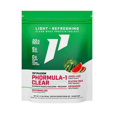 A green and white package of Phormula-1 Clear Whey Protein Isolate by 1StPhorm, with a watermelon flavor, highlighting its features such as being clear, having 22g of protein, being gluten-free, lactose-free, and having no carbs, fat, or sugar.