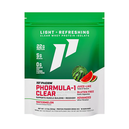 A green and white package of Phormula-1 Clear Whey Protein Isolate by 1StPhorm, with a watermelon flavor, highlighting its features such as being clear, having 22g of protein, being gluten-free, lactose-free, and having no carbs, fat, or sugar.