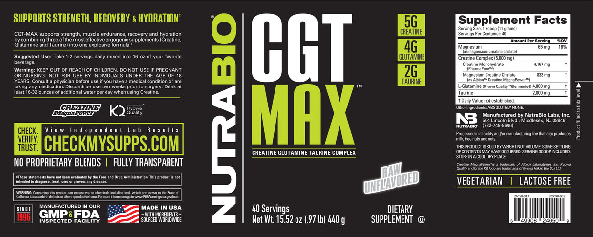 NutraBio CGT-MAX Powder- Creatine, Glutamine and Taurine to Support Muscle Recovery and Strength - 40 Servings