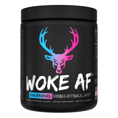 A container of Bucked Up Woke AF Pre-Workout supplement Miami Flavor with a black background featuring pink and white text, and images of a deer and strawberries. The product is labeled as 'High-Stimulant' and 'Pump, Focus, Energy, Strength'.