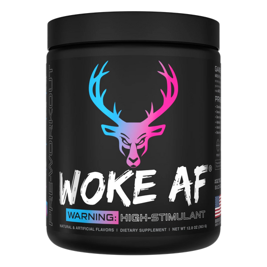 A container of Bucked Up Woke AF Pre-Workout supplement Miami Flavor with a black background featuring pink and white text, and images of a deer and strawberries. The product is labeled as 'High-Stimulant' and 'Pump, Focus, Energy, Strength'.