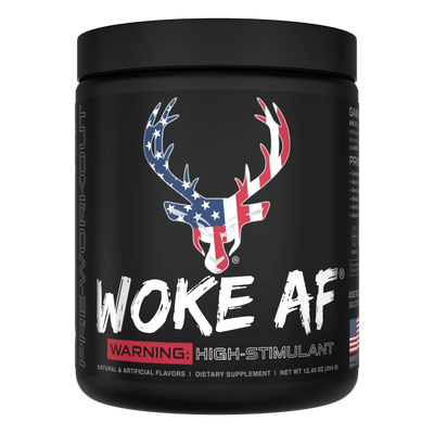 A container of Bucked Up Woke AF Pre-Workout supplement with a black background featuring pink and white text, and images of a deer and strawberries. The product is labeled as 'High-Stimulant' and 'Pump, Focus, Energy, Strength'.