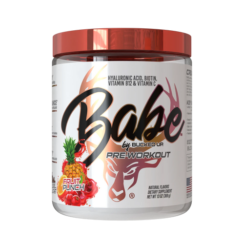 A container of Babe Pre-Workout by Bucked Up in Fruit Punch flavor, designed for women with a red lid and a label featuring watermelon graphics.