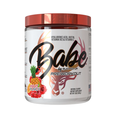 A container of Babe Pre-Workout by Bucked Up in Fruit Punch flavor, designed for women with a red lid and a label featuring watermelon graphics.