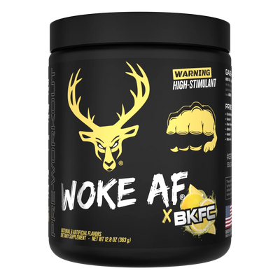 A container of Woke AF high stimulant pre-workout powder in BKFC Lemonade flavor, with brand logo and a graphic of a deer head on the front.