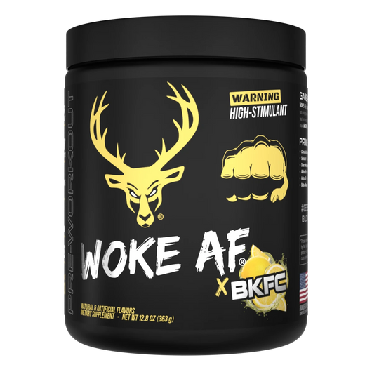 A container of Woke AF high stimulant pre-workout powder in BKFC Lemonade flavor, with brand logo and a graphic of a deer head on the front.