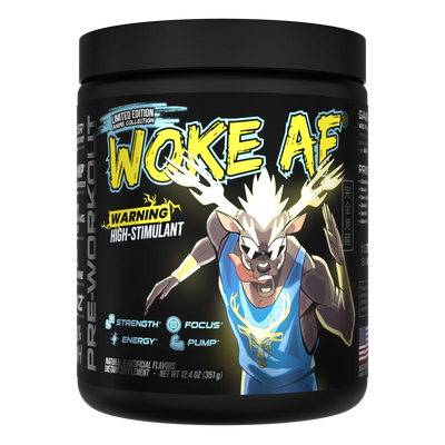 A container of Woke AF high stimulant pre-workout powder, with brand logo and a graphic of a wolf man on the front.
