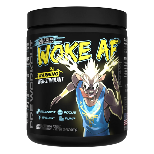 A container of Woke AF high stimulant pre-workout powder, with brand logo and a graphic of a wolf man on the front.