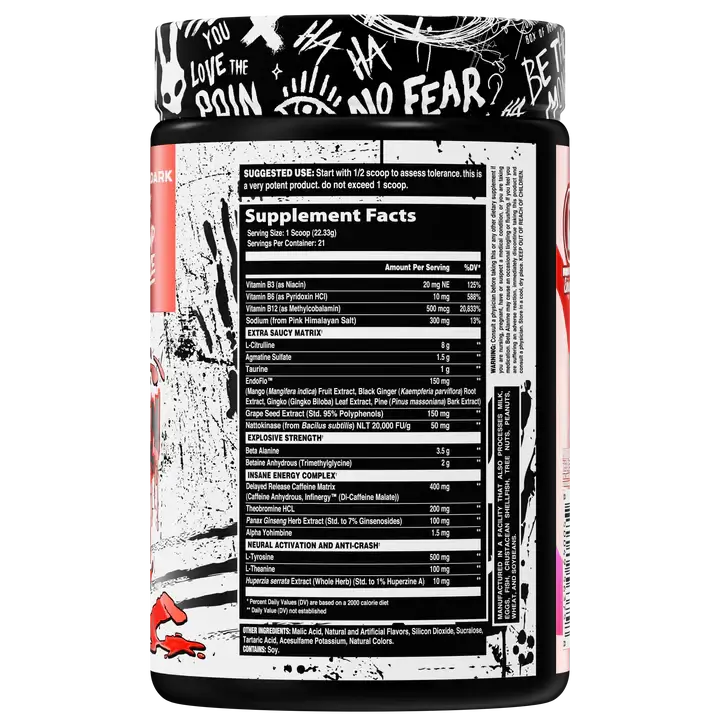 Inhuman Extra Saucy Pre workout Birthday Punch Flavor Supplement Facts label 
