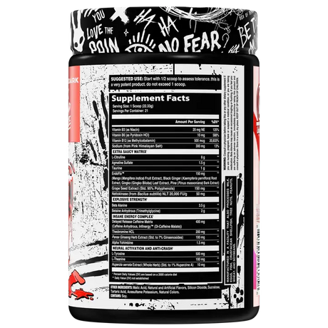 Inhuman Extra Saucy Pre workout Birthday Punch Flavor Supplement Facts label 