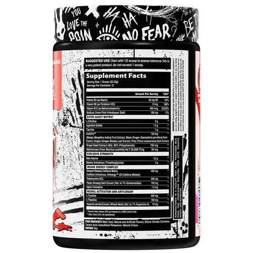 Inhuman Extra Saucy Pre workout Birthday Punch Flavor Supplement Facts label 